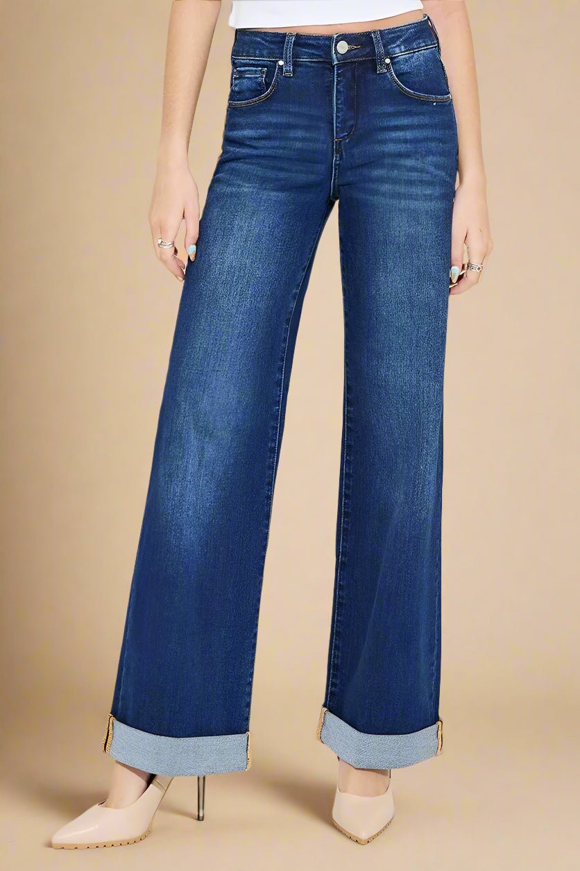 RISEN - Dark Wash Wide Leg Jeans with Cuffed Hem