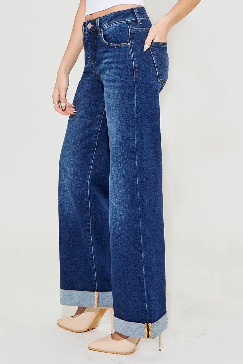 RISEN - Dark Wash Wide Leg Jeans with Cuffed Hem