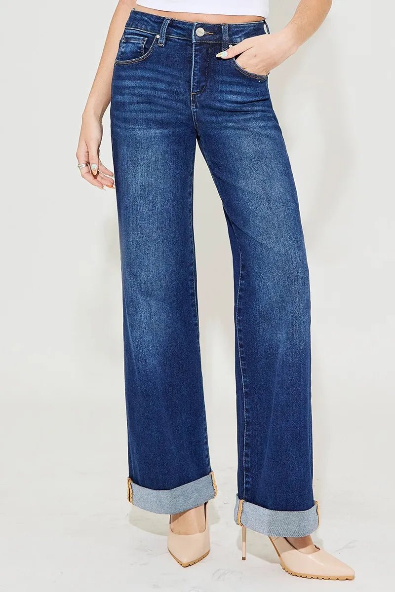 RISEN - Dark Wash Wide Leg Jeans with Cuffed Hem