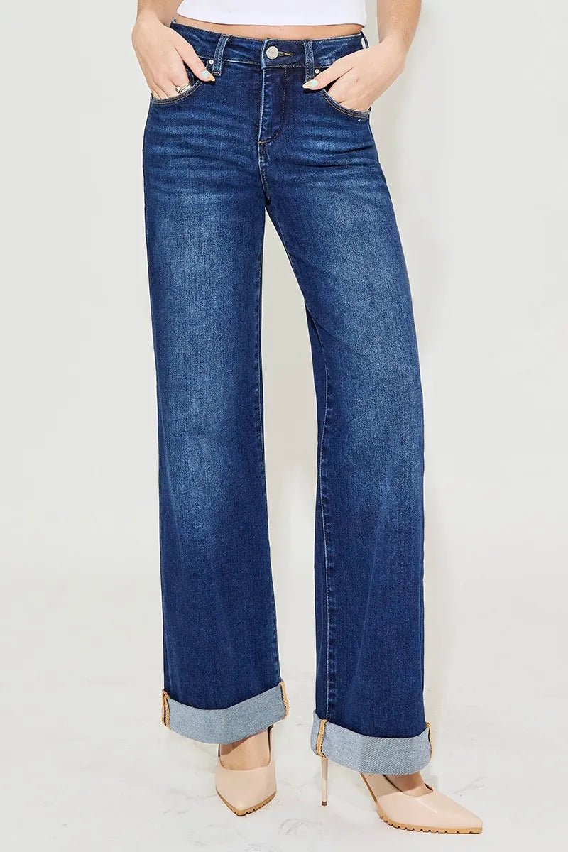 RISEN - Dark Wash Wide Leg Jeans with Cuffed Hem