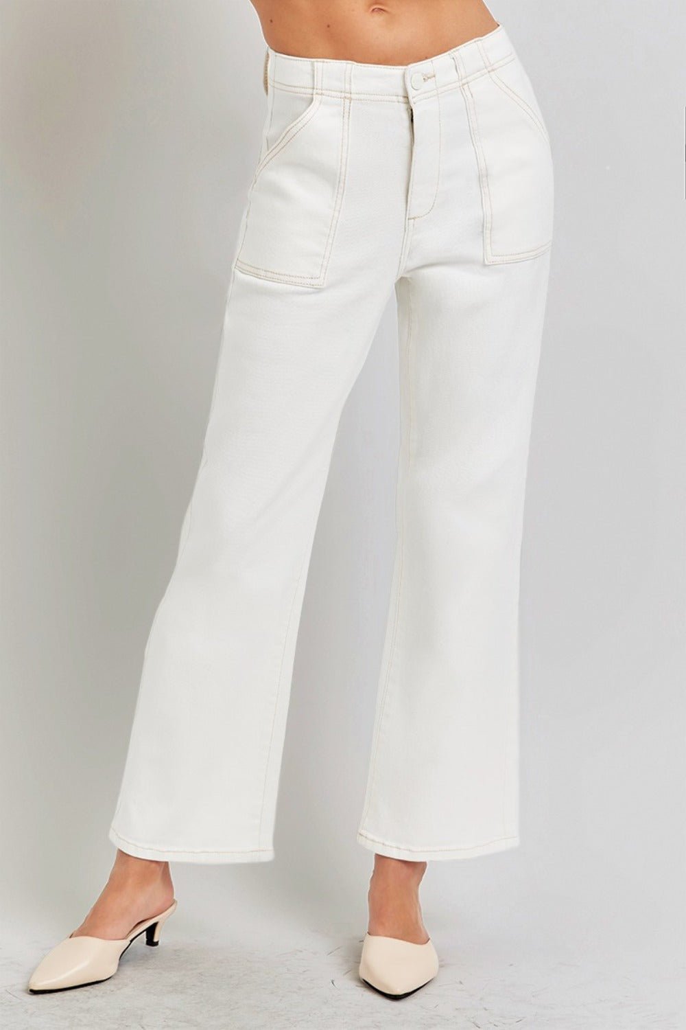 RISEN - High Rise Ankle Flare Jeans in Cream