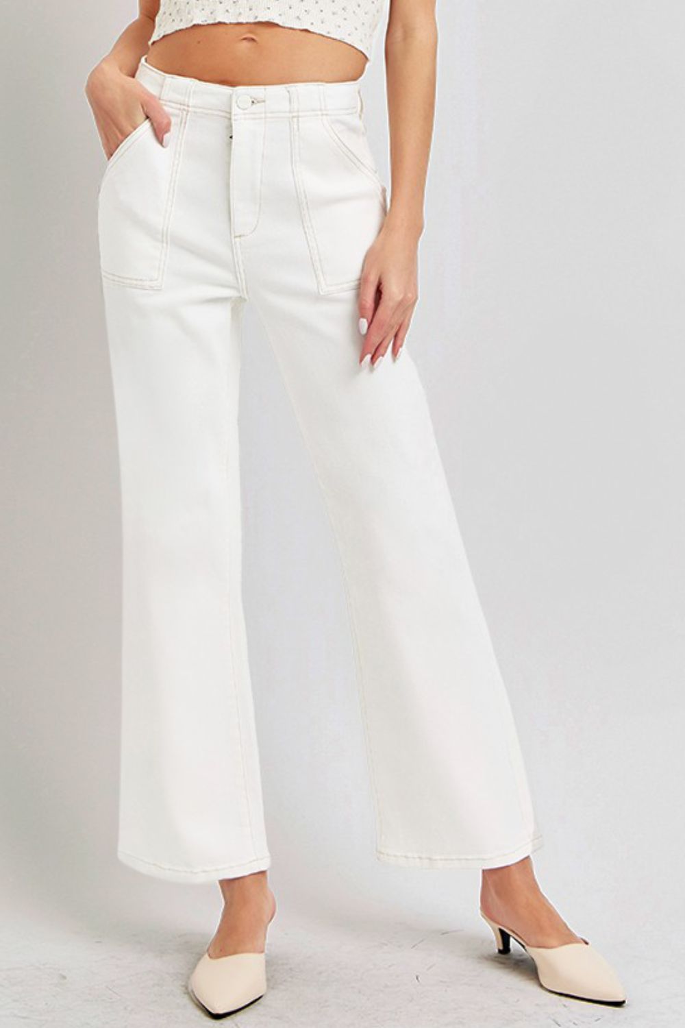 RISEN - High Rise Ankle Flare Jeans in Cream