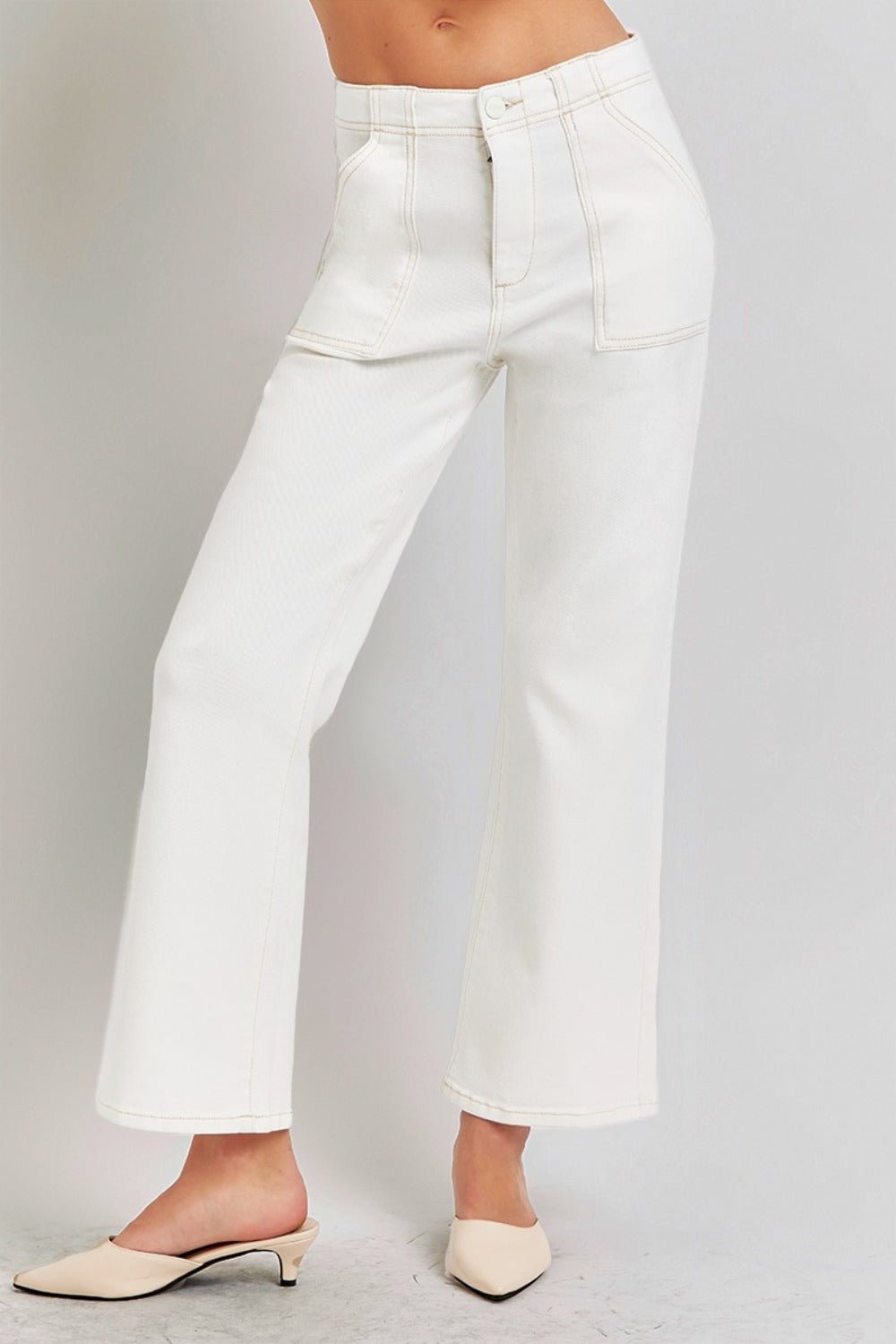 RISEN - High Rise Ankle Flare Jeans in Cream