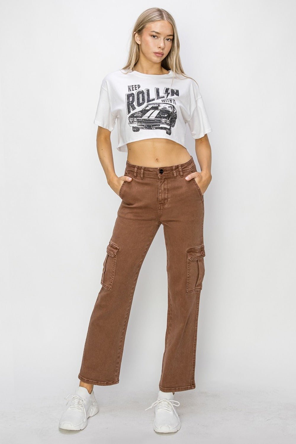 RISEN - High Rise Cargo Jeans in Espresso