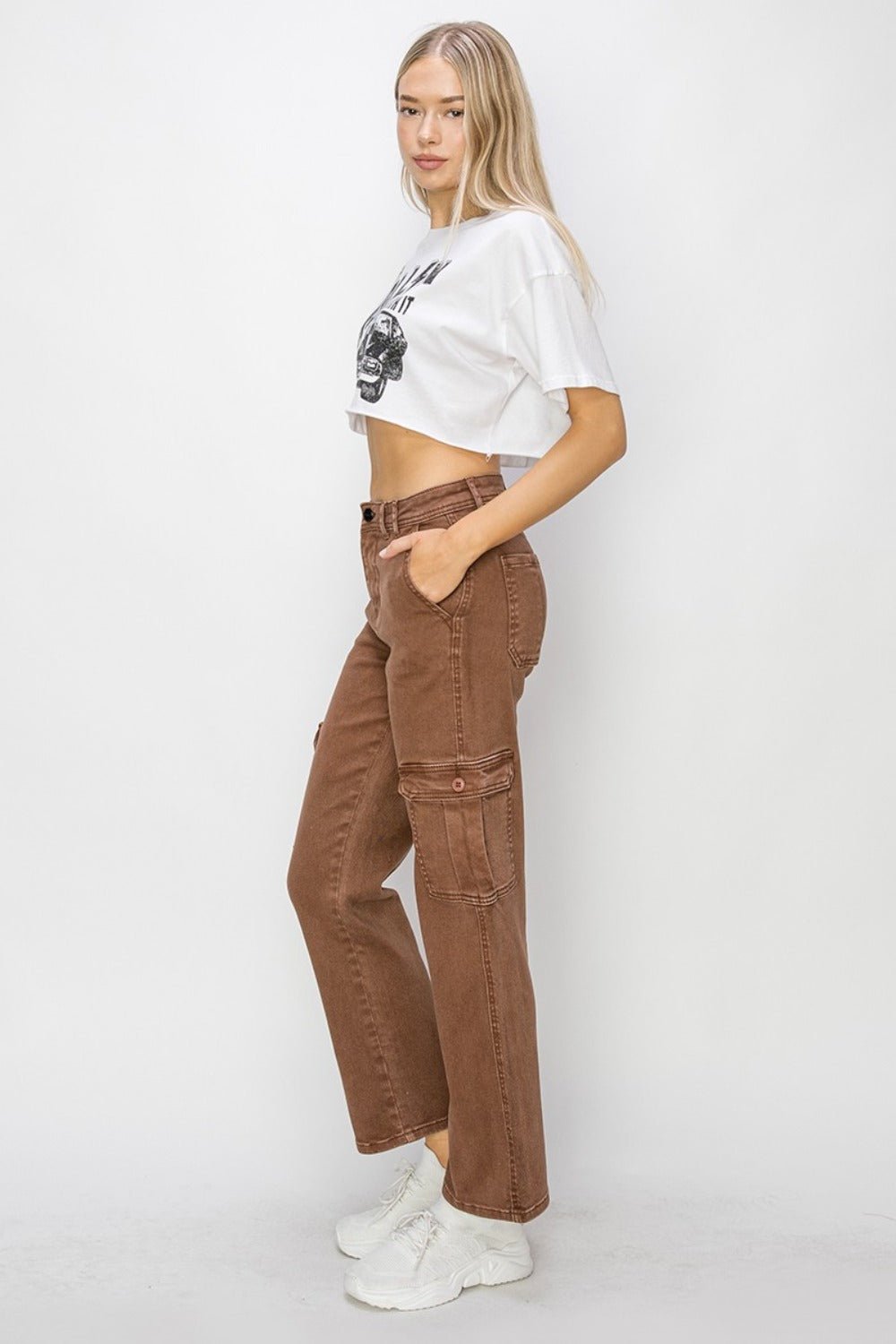 RISEN - High Rise Cargo Jeans in Espresso