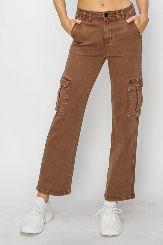 RISEN - High Rise Cargo Jeans in Espresso