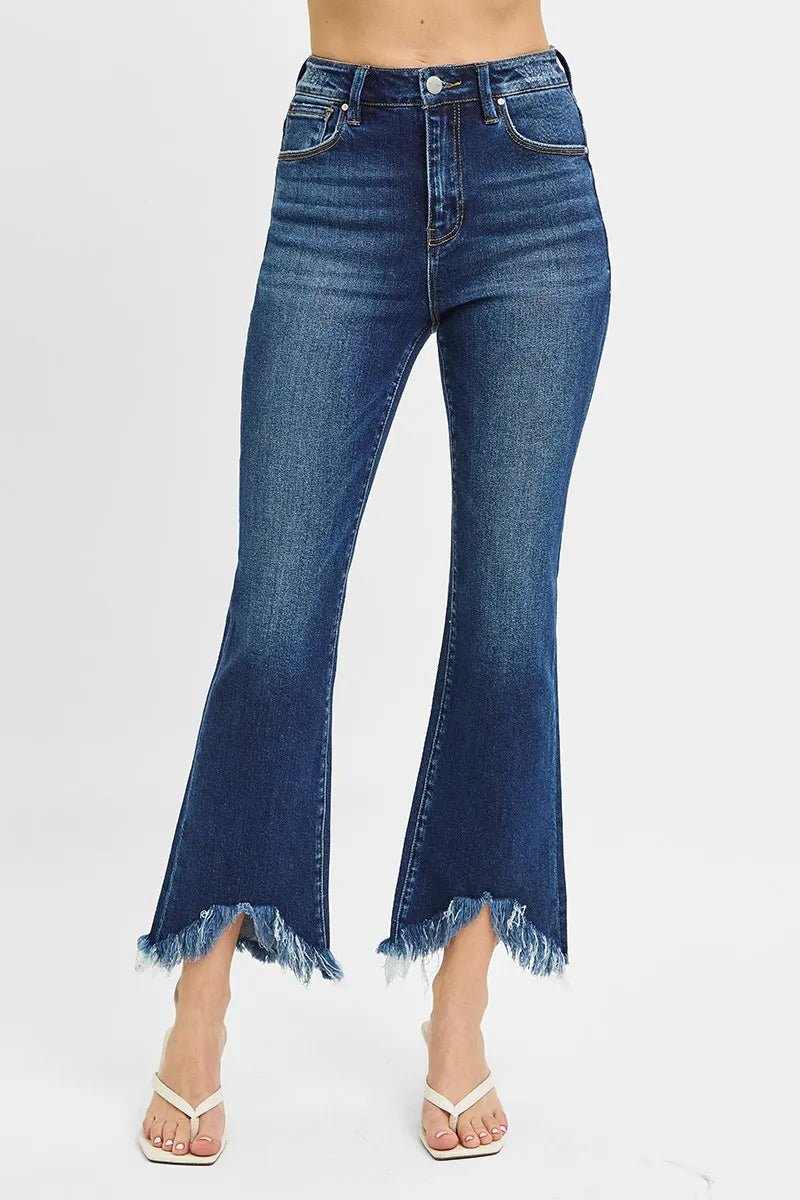 RISEN - High Rise Flare Jeans – Dark Wash with Raw Fringe Hem