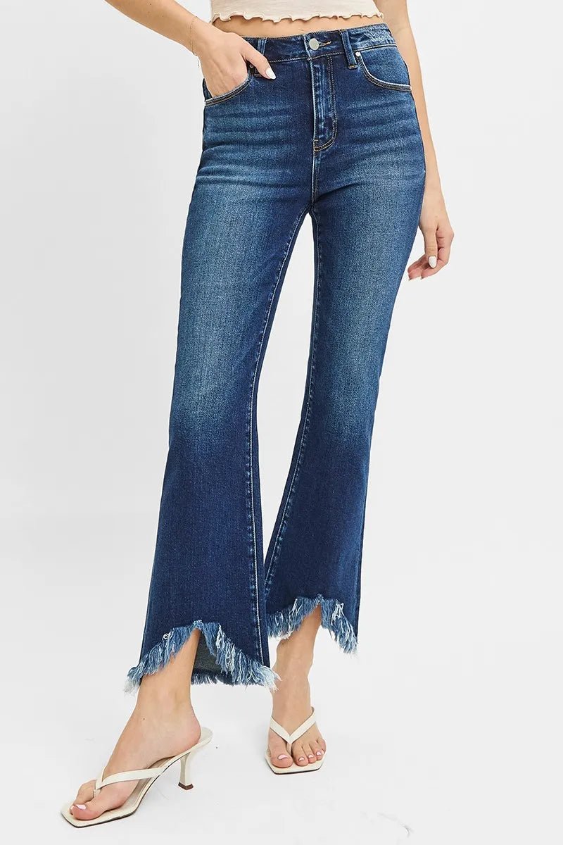 RISEN - High Rise Flare Jeans – Dark Wash with Raw Fringe Hem