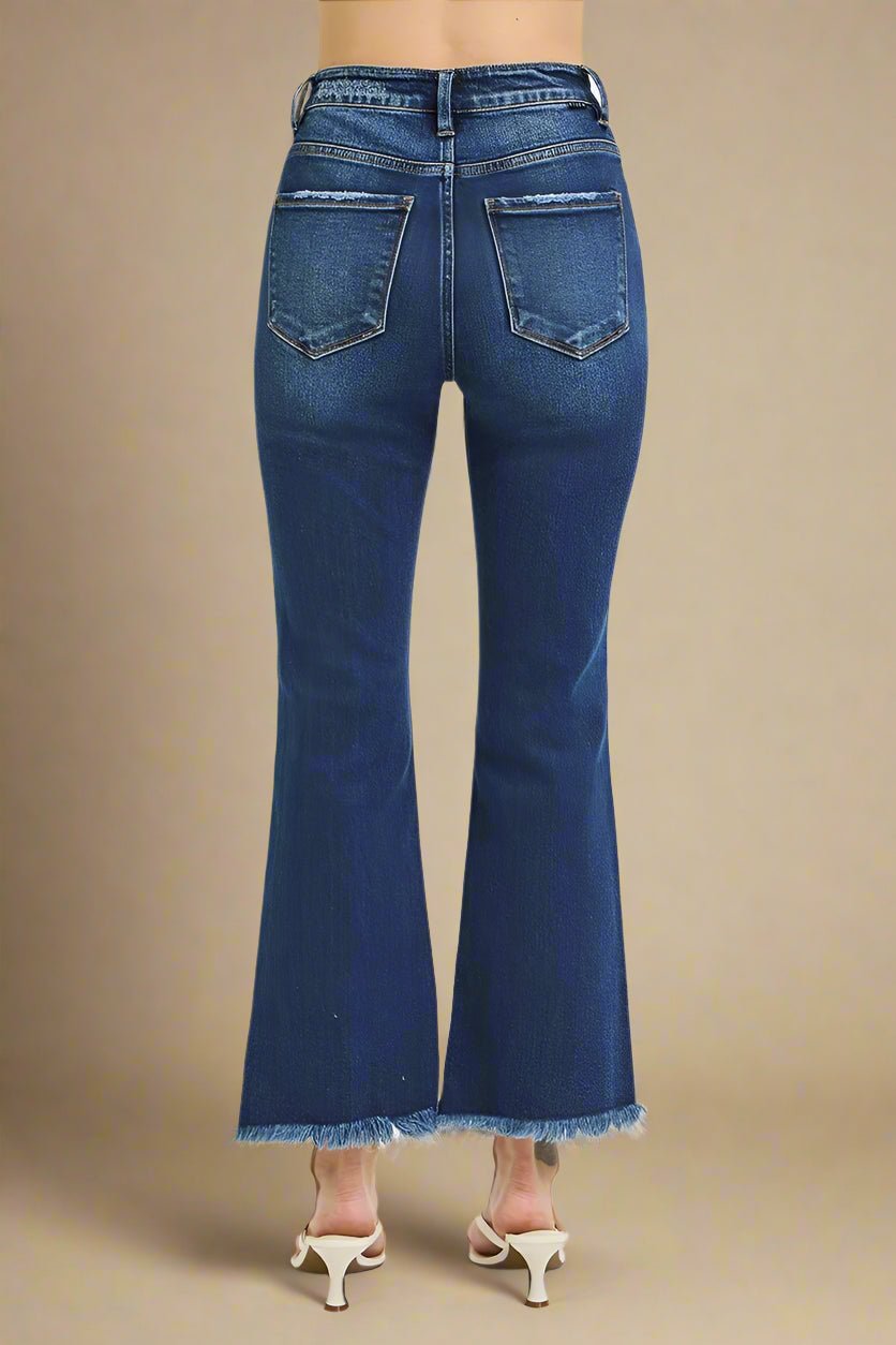 RISEN - High Rise Flare Jeans – Dark Wash with Raw Fringe Hem