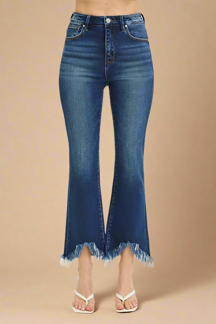RISEN - High Rise Flare Jeans – Dark Wash with Raw Fringe Hem
