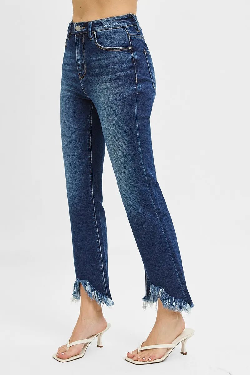 RISEN - High Rise Flare Jeans – Dark Wash with Raw Fringe Hem
