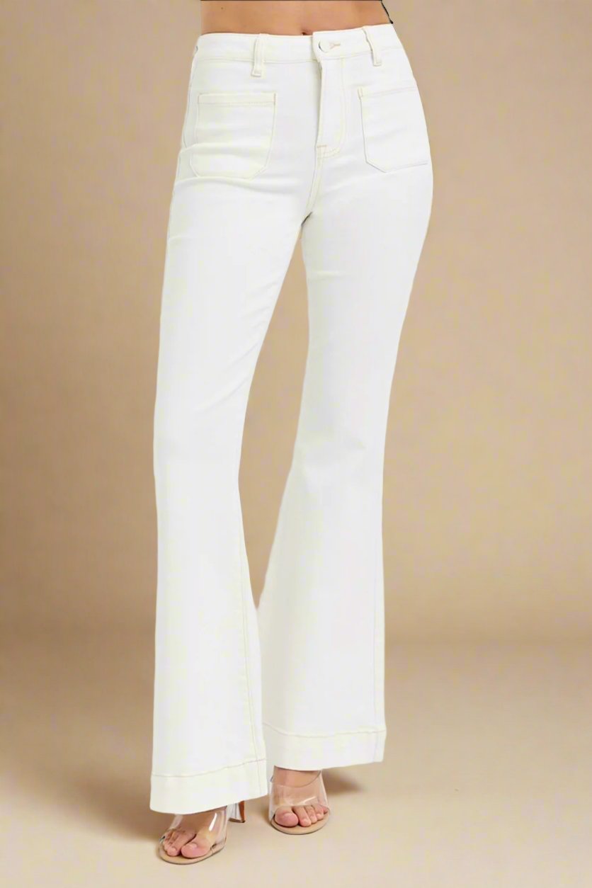 RISEN - High Rise Front Patch Pocket Flare Jeans in Cream