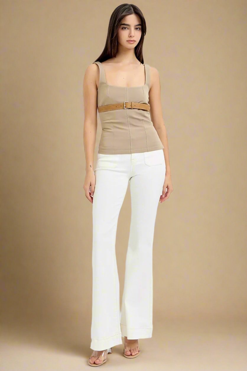 RISEN - High Rise Front Patch Pocket Flare Jeans in Cream