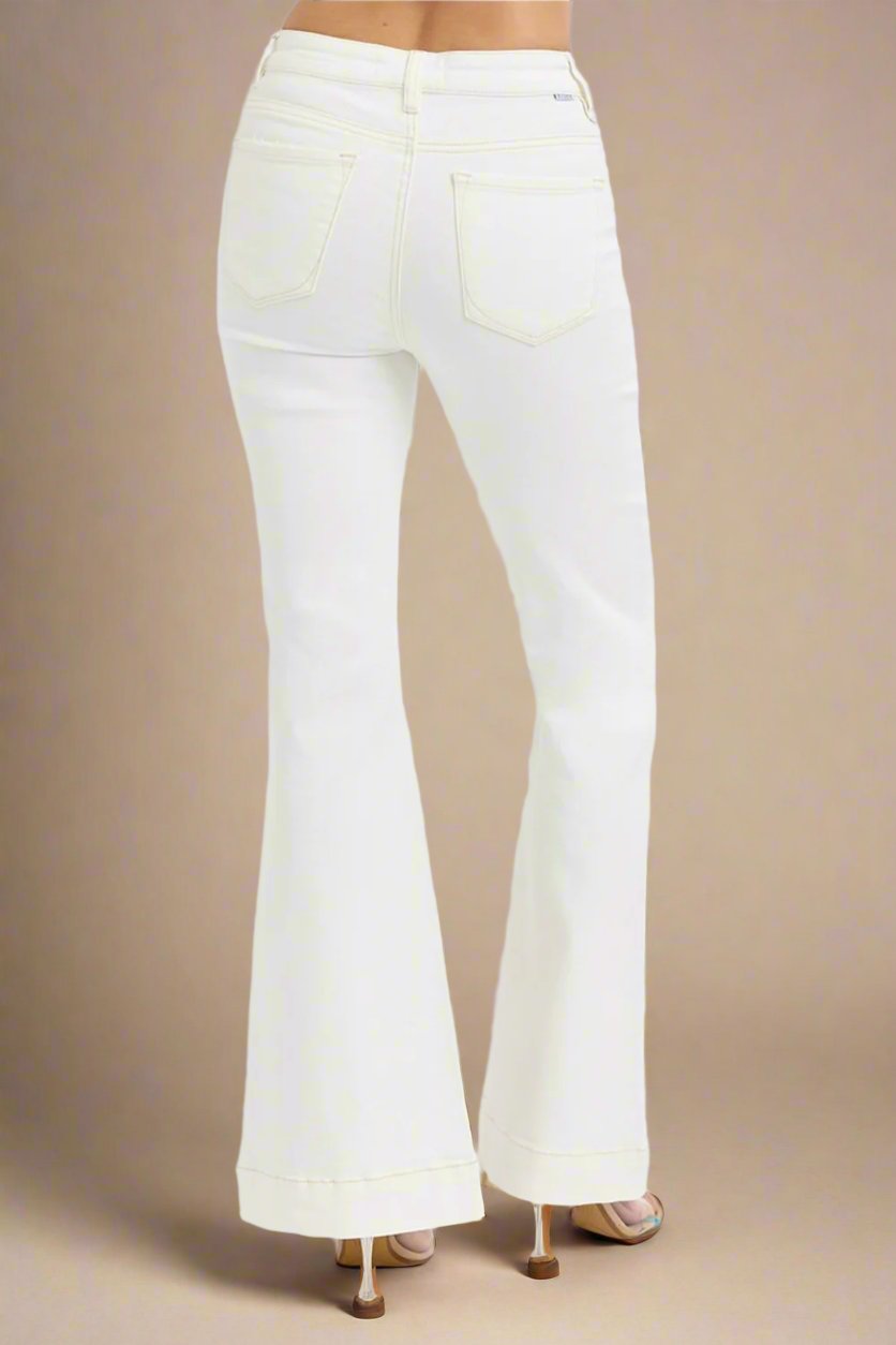 RISEN - High Rise Front Patch Pocket Flare Jeans in Cream