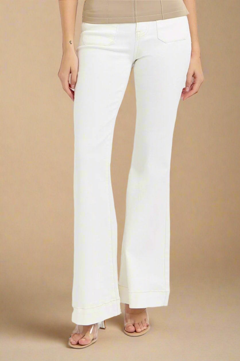 RISEN - High Rise Front Patch Pocket Flare Jeans in Cream