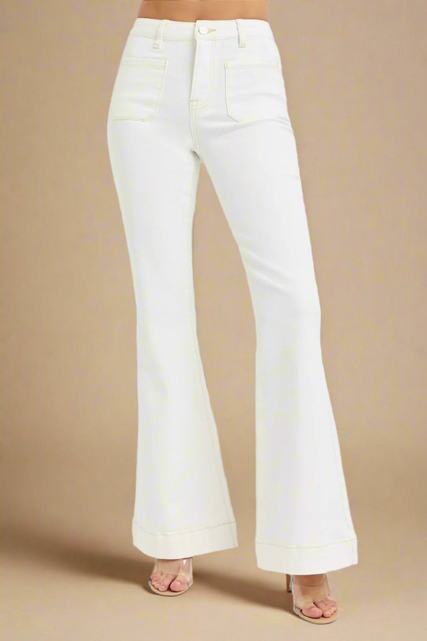 RISEN - High Rise Front Patch Pocket Flare Jeans in Cream