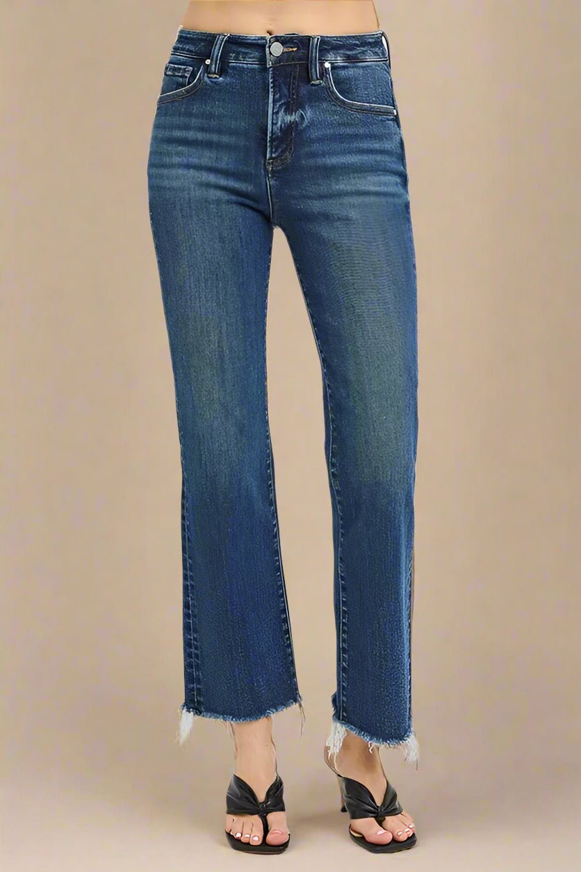 RISEN - High Rise Raw Hem Straight Jeans – Dark Wash