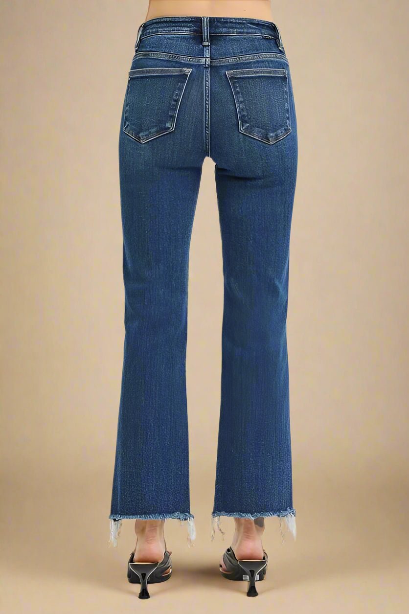 RISEN - High Rise Raw Hem Straight Jeans – Dark Wash