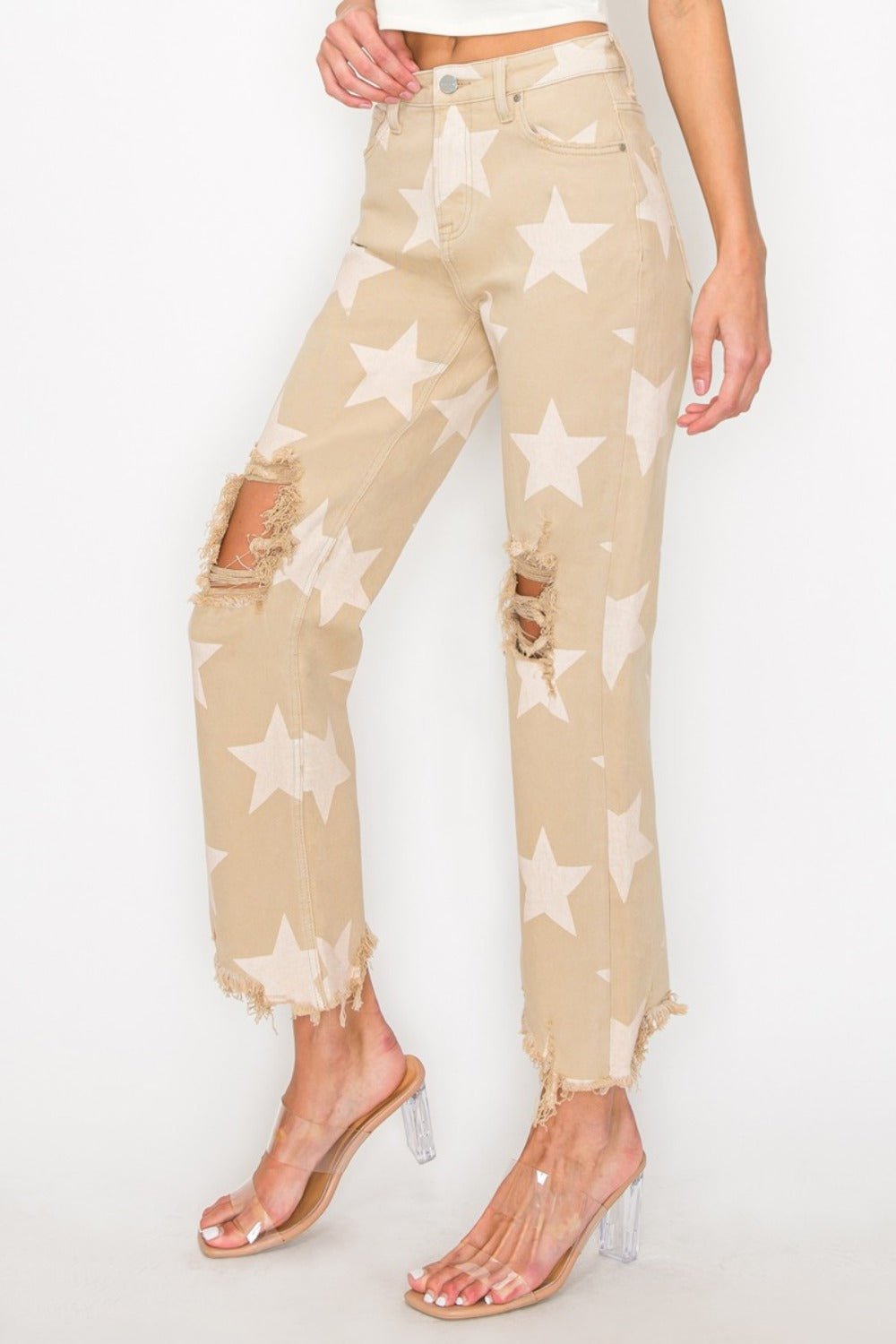 RISEN - High Rise Star Printed Frayed Hem Jeans in Khaki