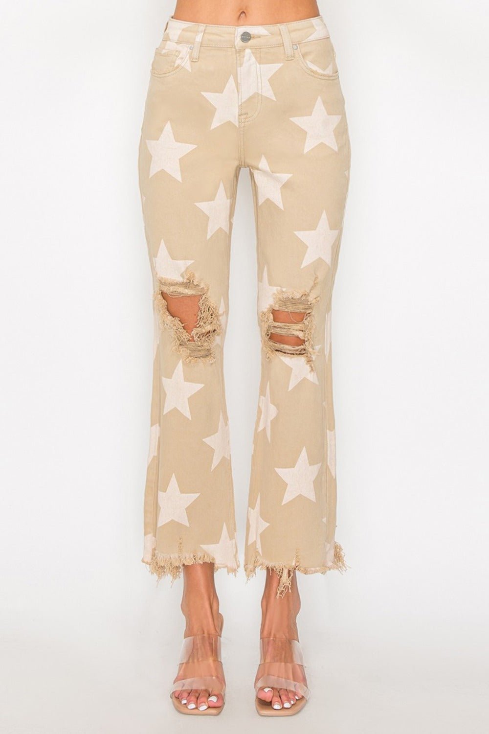 RISEN - High Rise Star Printed Frayed Hem Jeans in Khaki