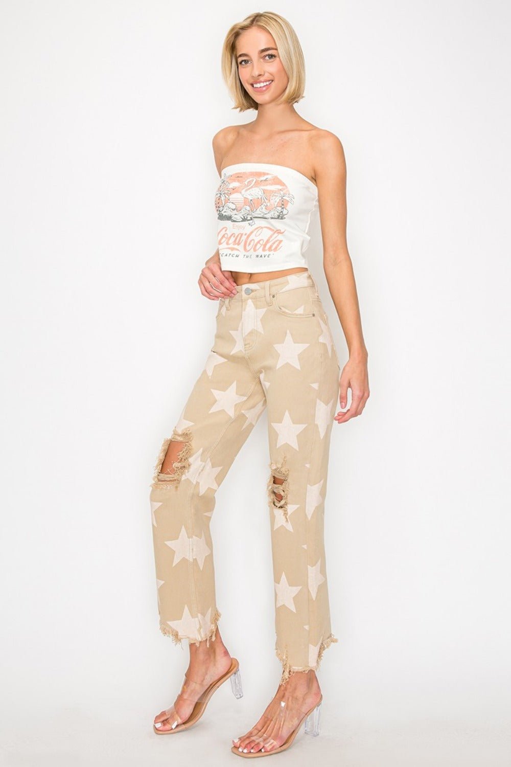 RISEN - High Rise Star Printed Frayed Hem Jeans in Khaki