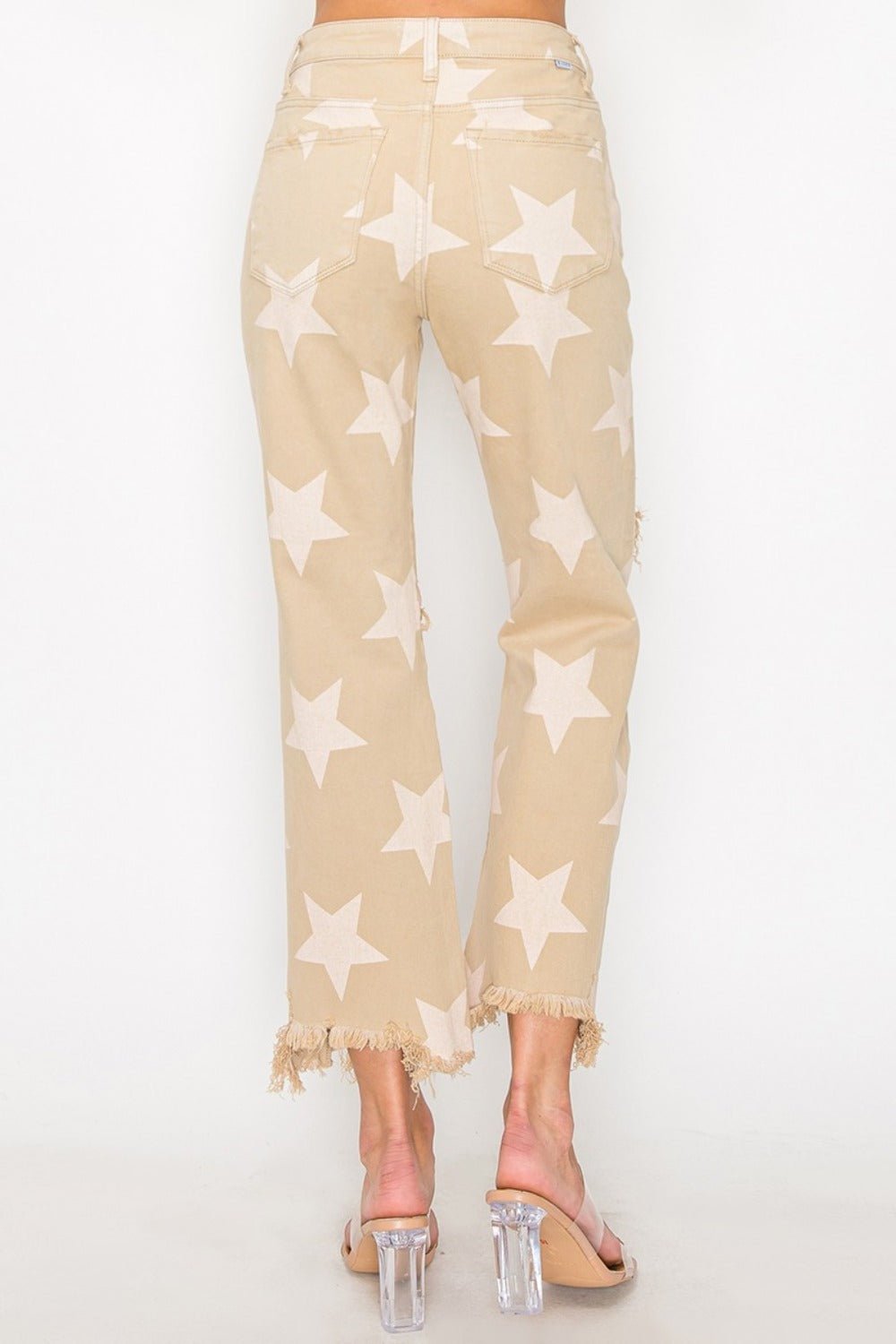 RISEN - High Rise Star Printed Frayed Hem Jeans in Khaki