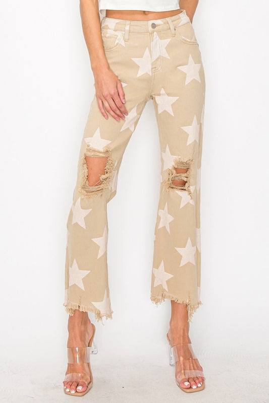 RISEN - High Rise Star Printed Frayed Hem Jeans in Khaki