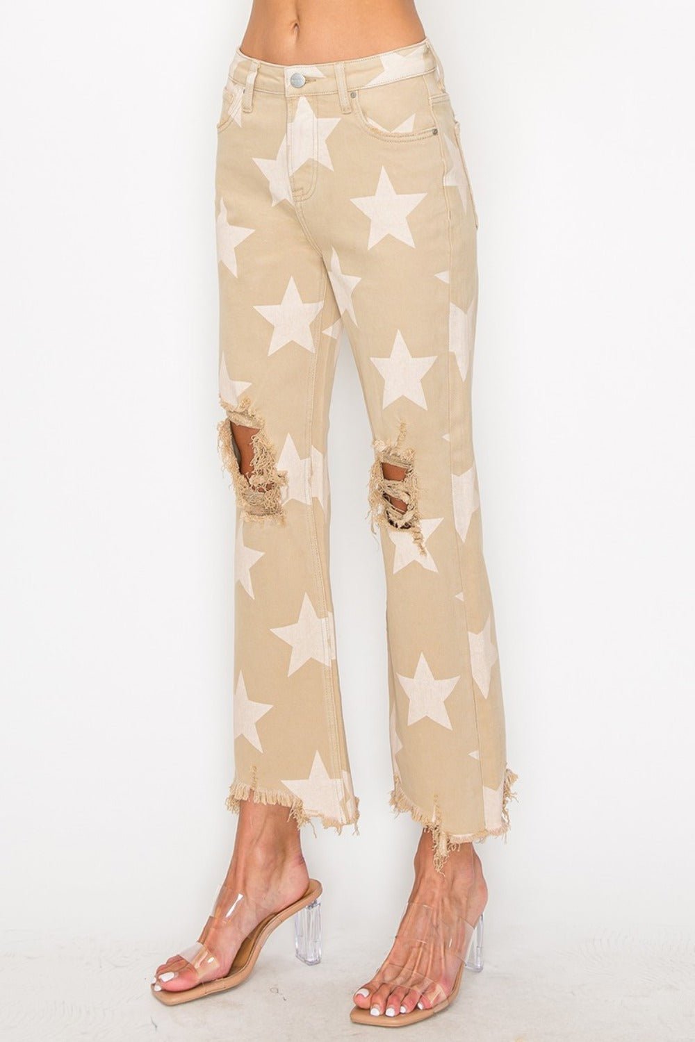 RISEN - High Rise Star Printed Frayed Hem Jeans in Khaki