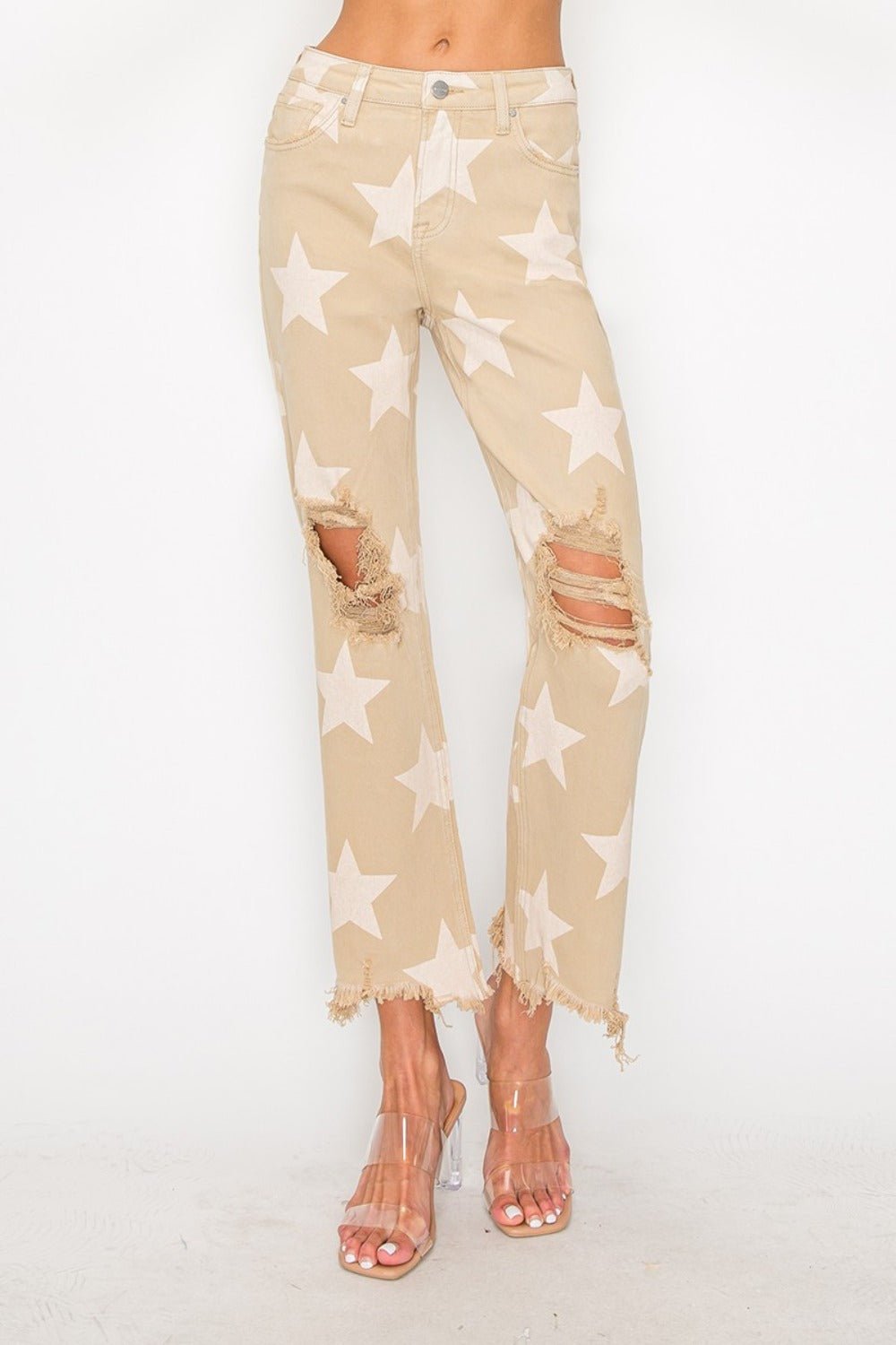 RISEN - High Rise Star Printed Frayed Hem Jeans in Khaki