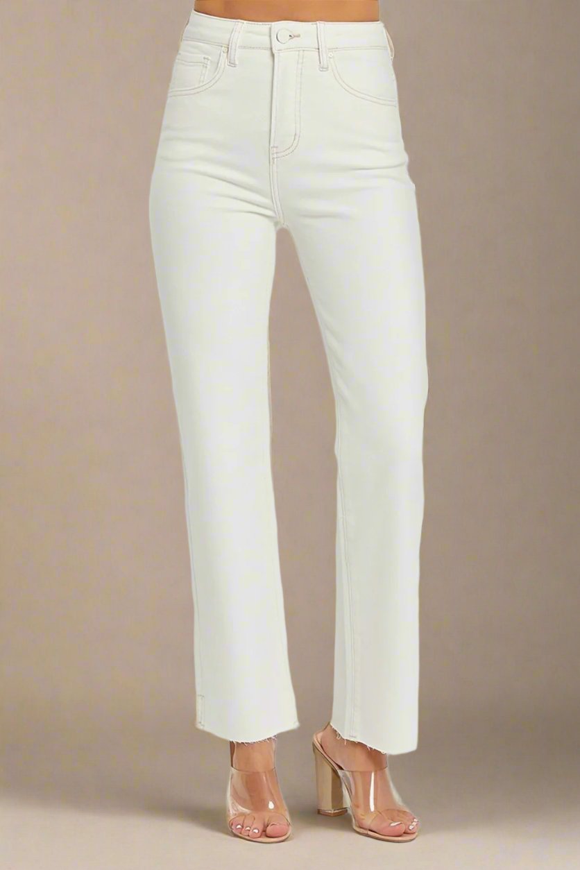 RISEN - High Rise Tummy Control Straight Leg Jeans in Cream