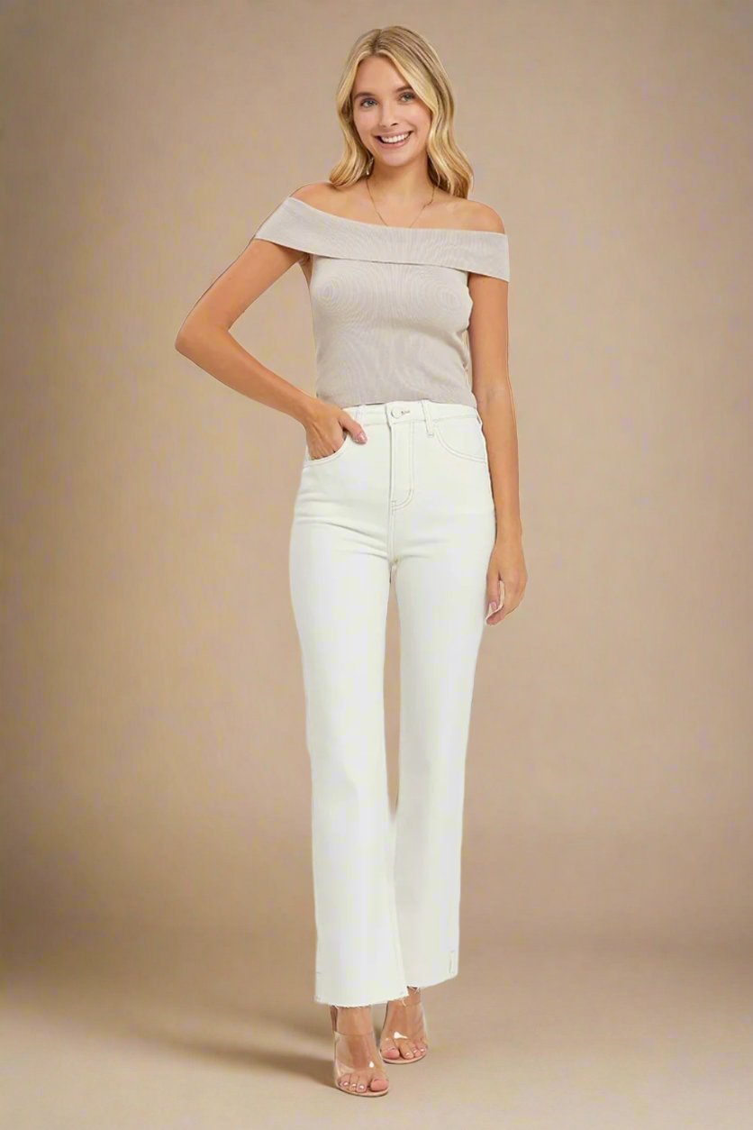 RISEN - High Rise Tummy Control Straight Leg Jeans in Cream