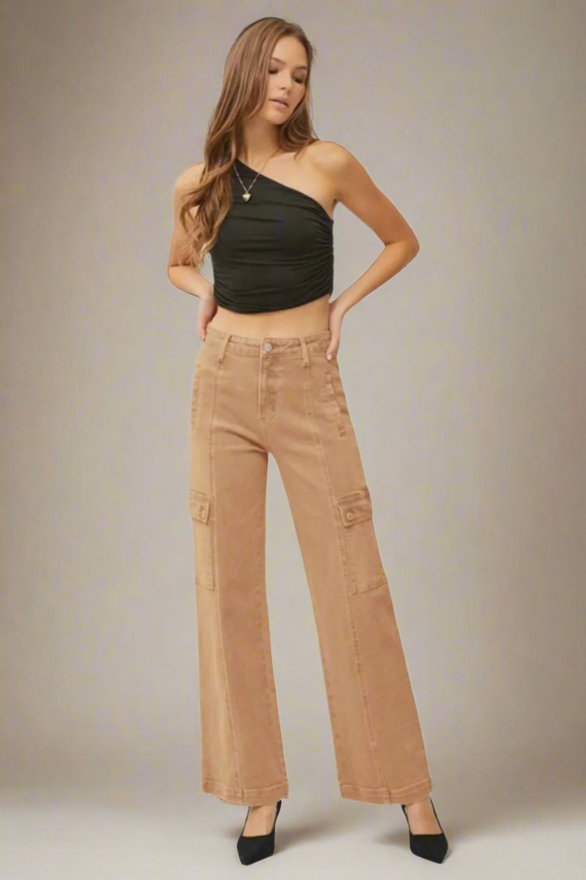 RISEN - High Rise Wide Leg Cargo Jeans in Cocoa