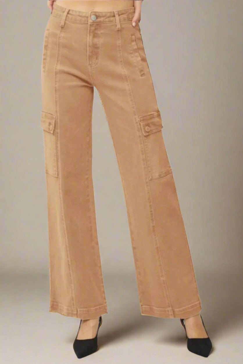 RISEN - High Rise Wide Leg Cargo Jeans in Cocoa