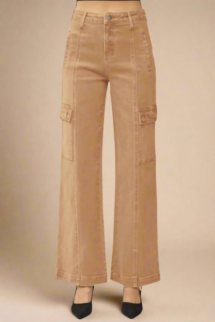 RISEN - High Rise Wide Leg Cargo Jeans in Cocoa