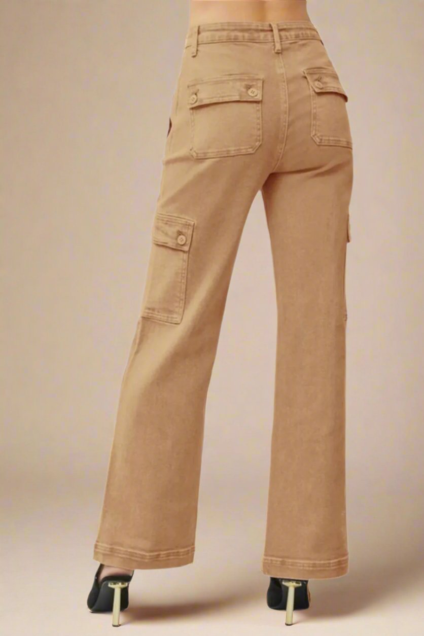 RISEN - High Rise Wide Leg Cargo Jeans in Cocoa