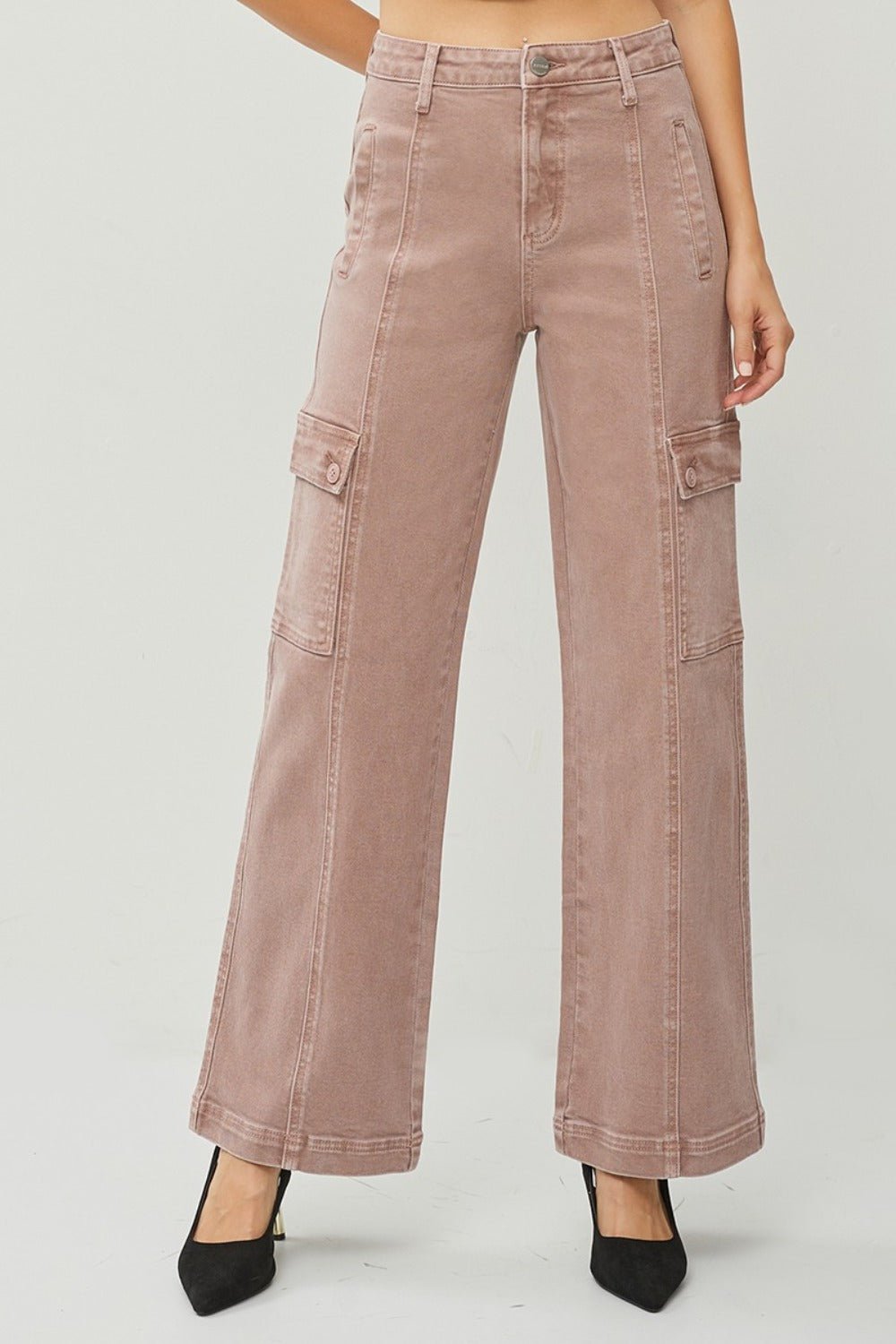 RISEN - High Rise Wide Leg Cargo Jeans in Mauve