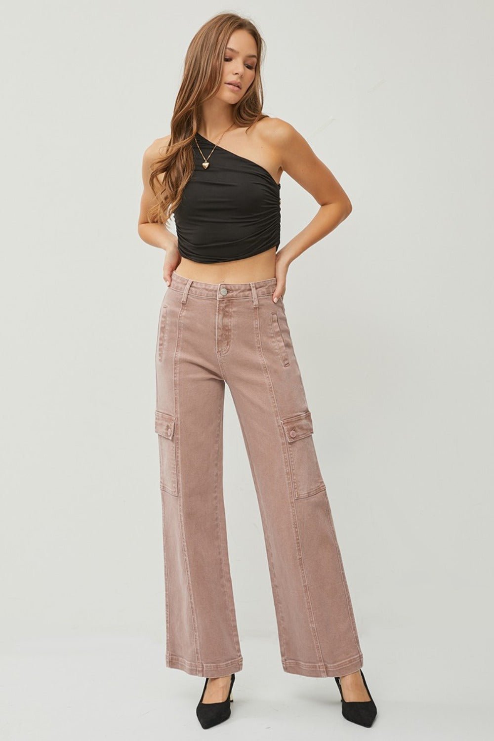 RISEN - High Rise Wide Leg Cargo Jeans in Mauve