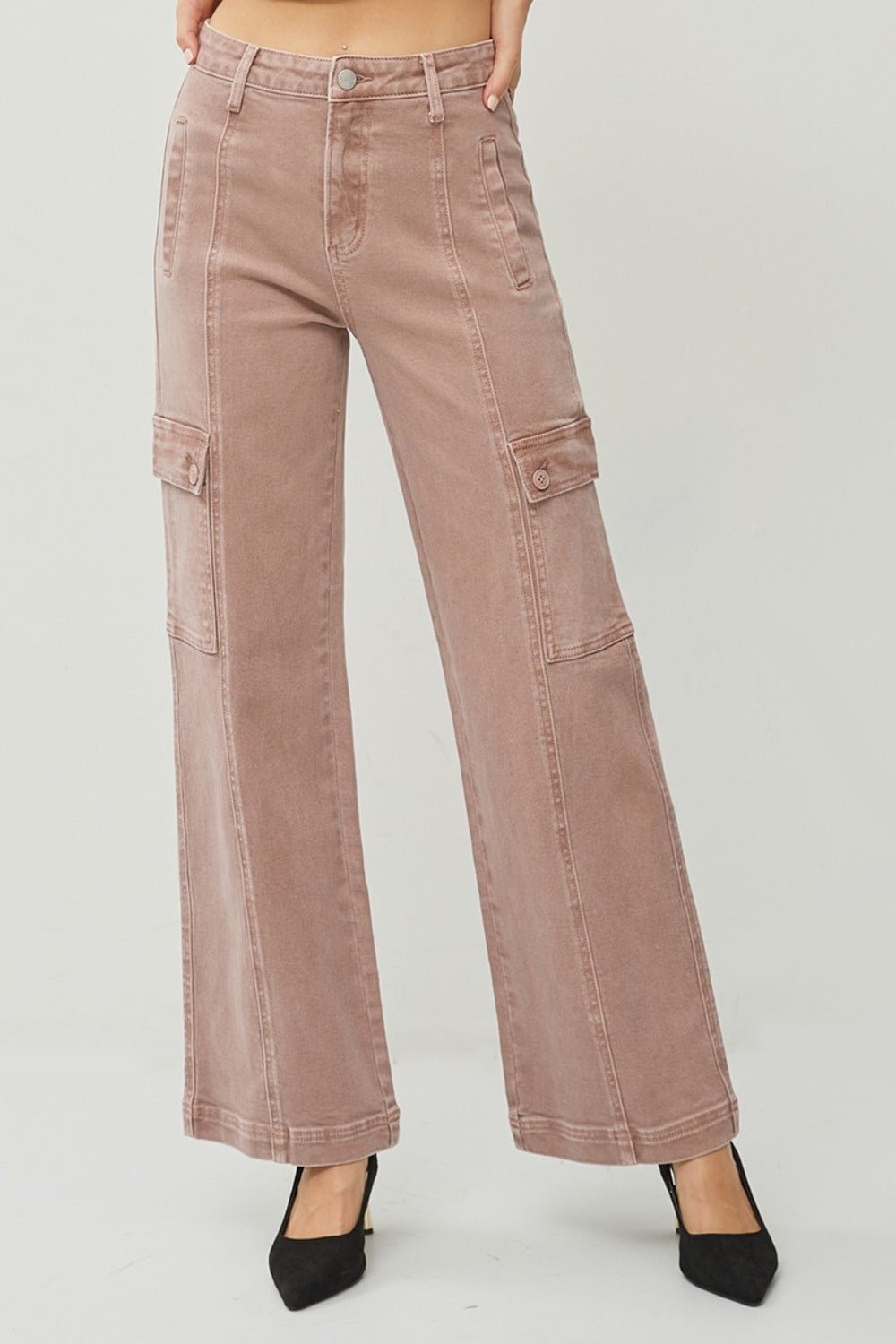 RISEN - High Rise Wide Leg Cargo Jeans in Mauve