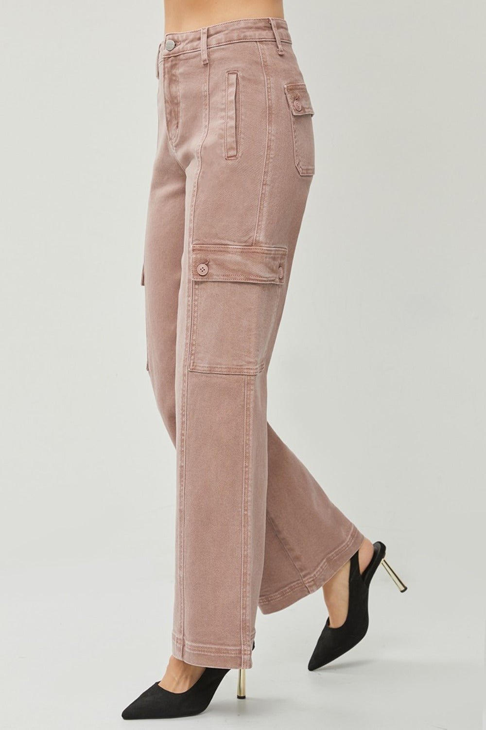 RISEN - High Rise Wide Leg Cargo Jeans in Mauve