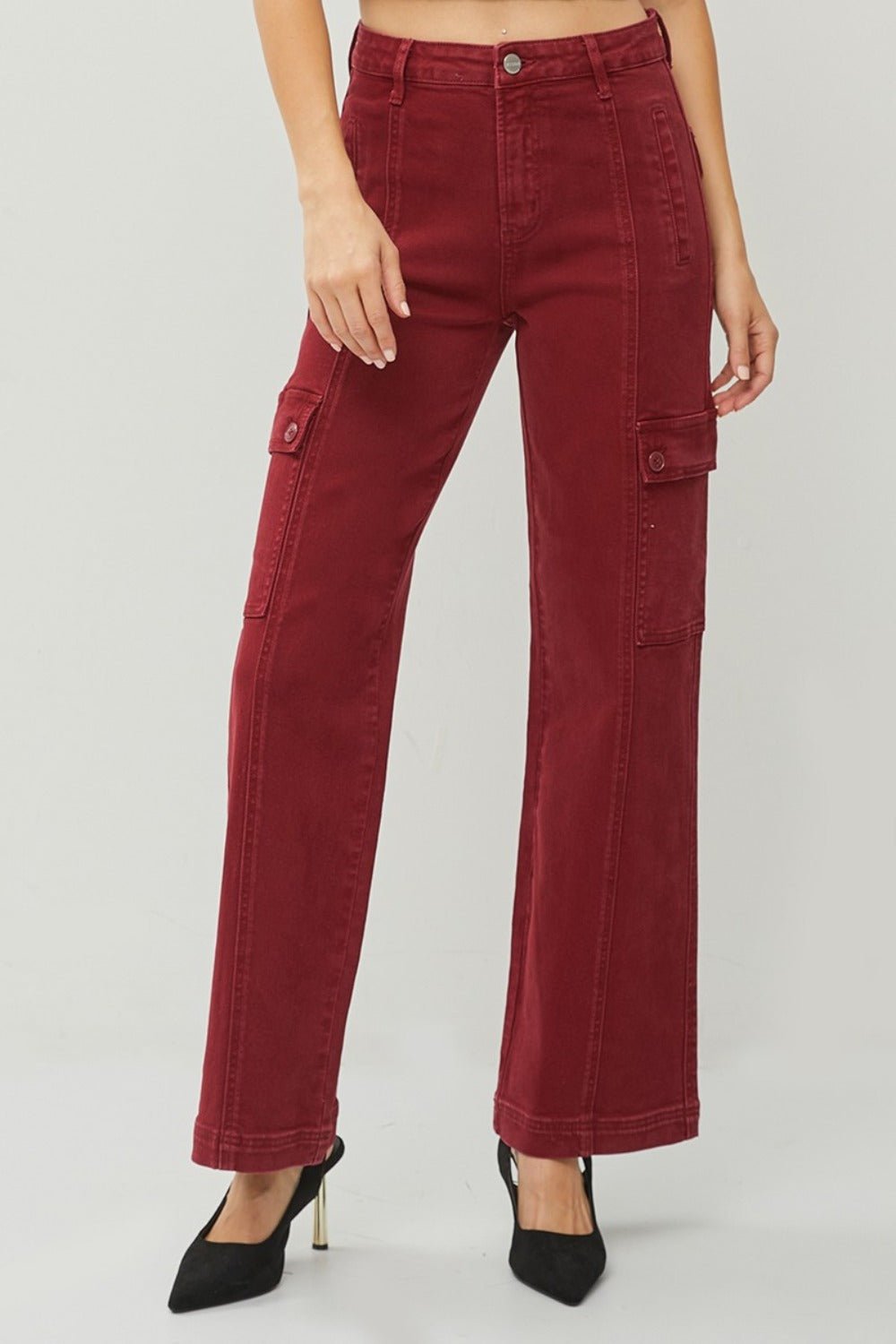 RISEN - High Rise Wide Leg Cargo Jeans in Wine