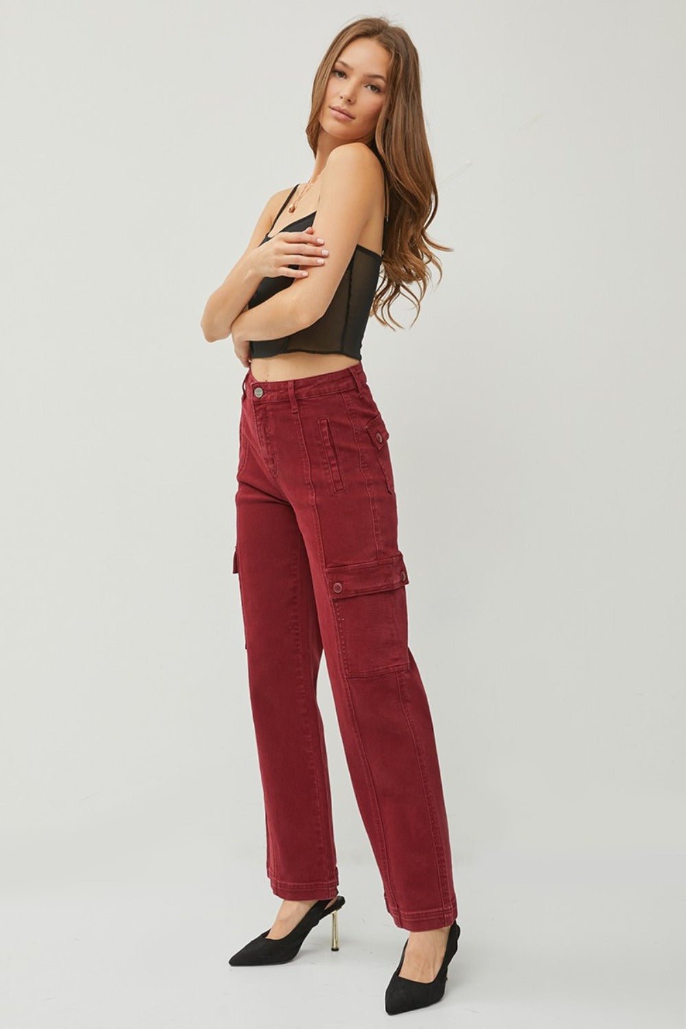 RISEN - High Rise Wide Leg Cargo Jeans in Wine