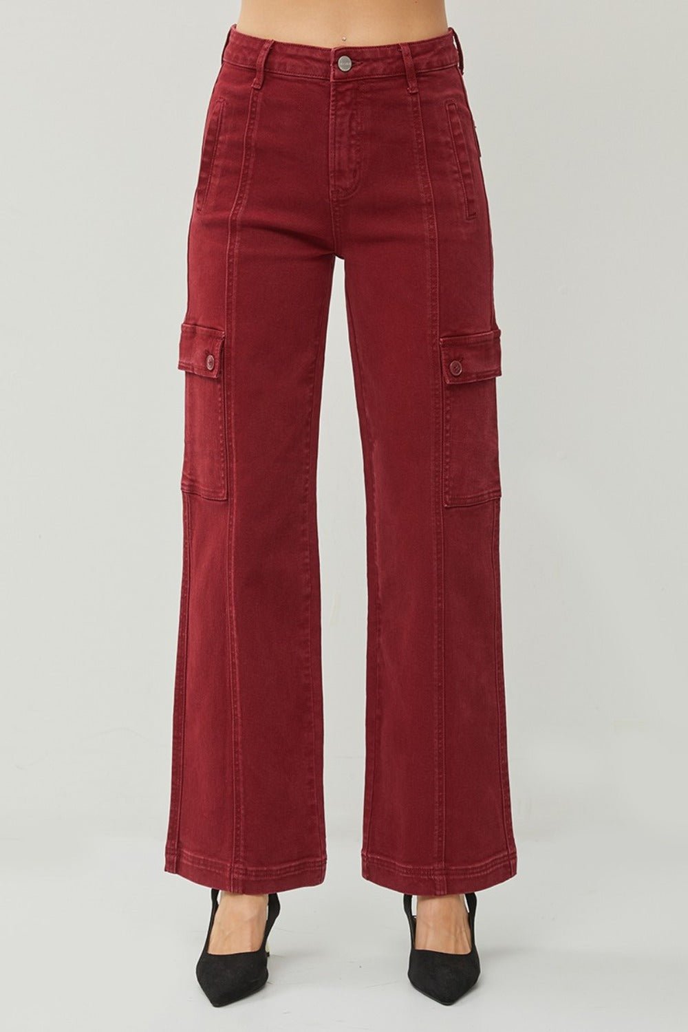 RISEN - High Rise Wide Leg Cargo Jeans in Wine