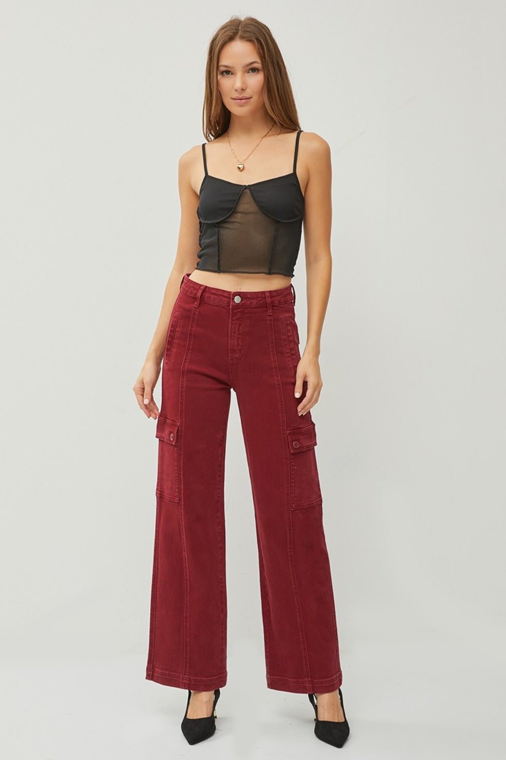 RISEN - High Rise Wide Leg Cargo Jeans in Wine