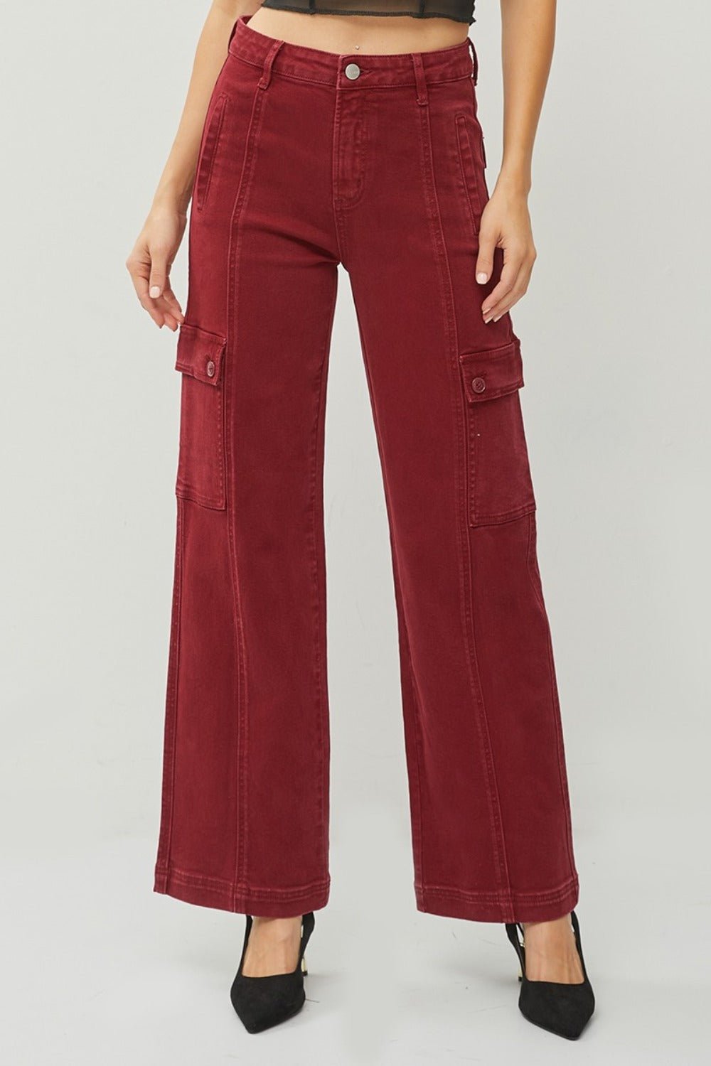 RISEN - High Rise Wide Leg Cargo Jeans in Wine