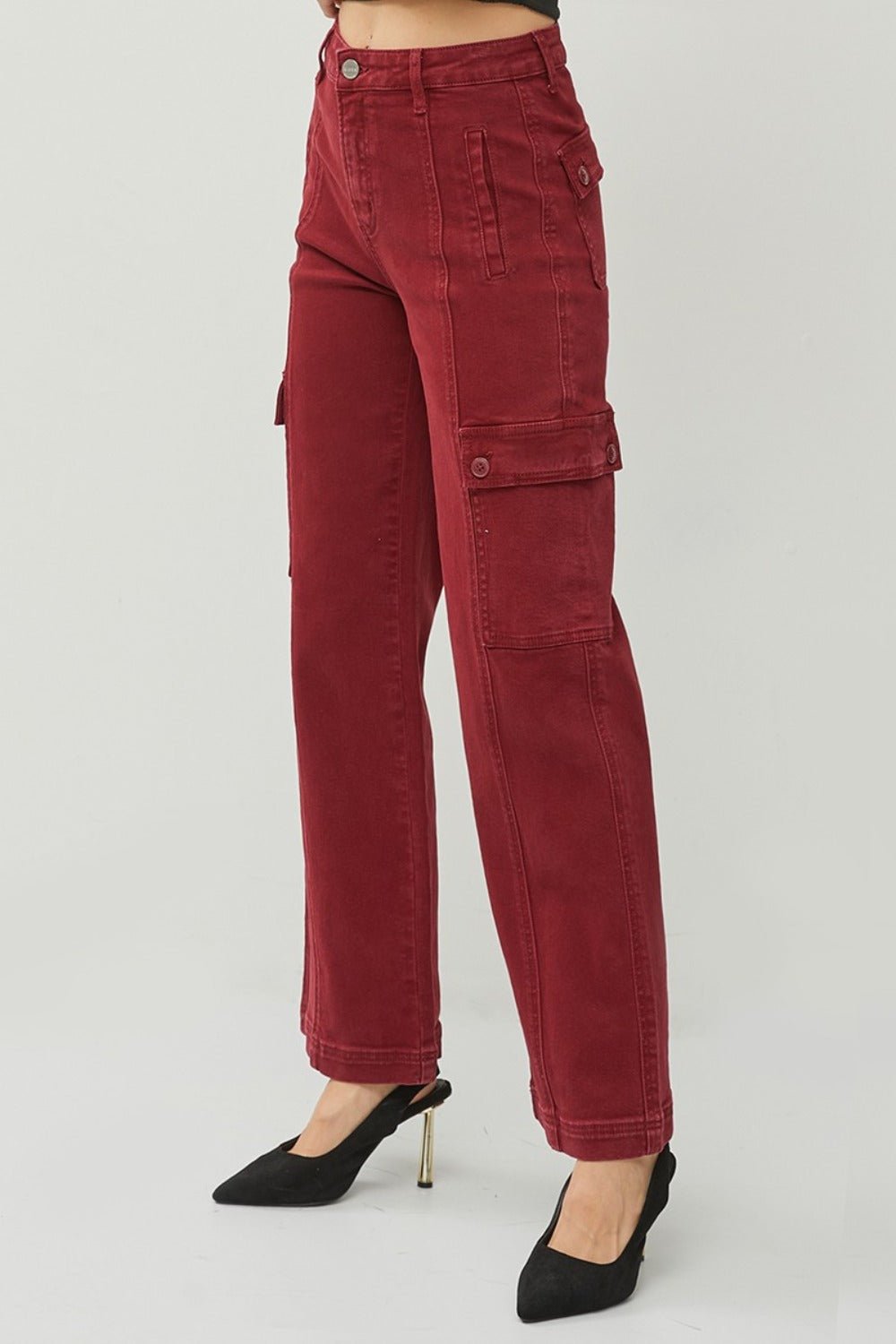 RISEN - High Rise Wide Leg Cargo Jeans in Wine