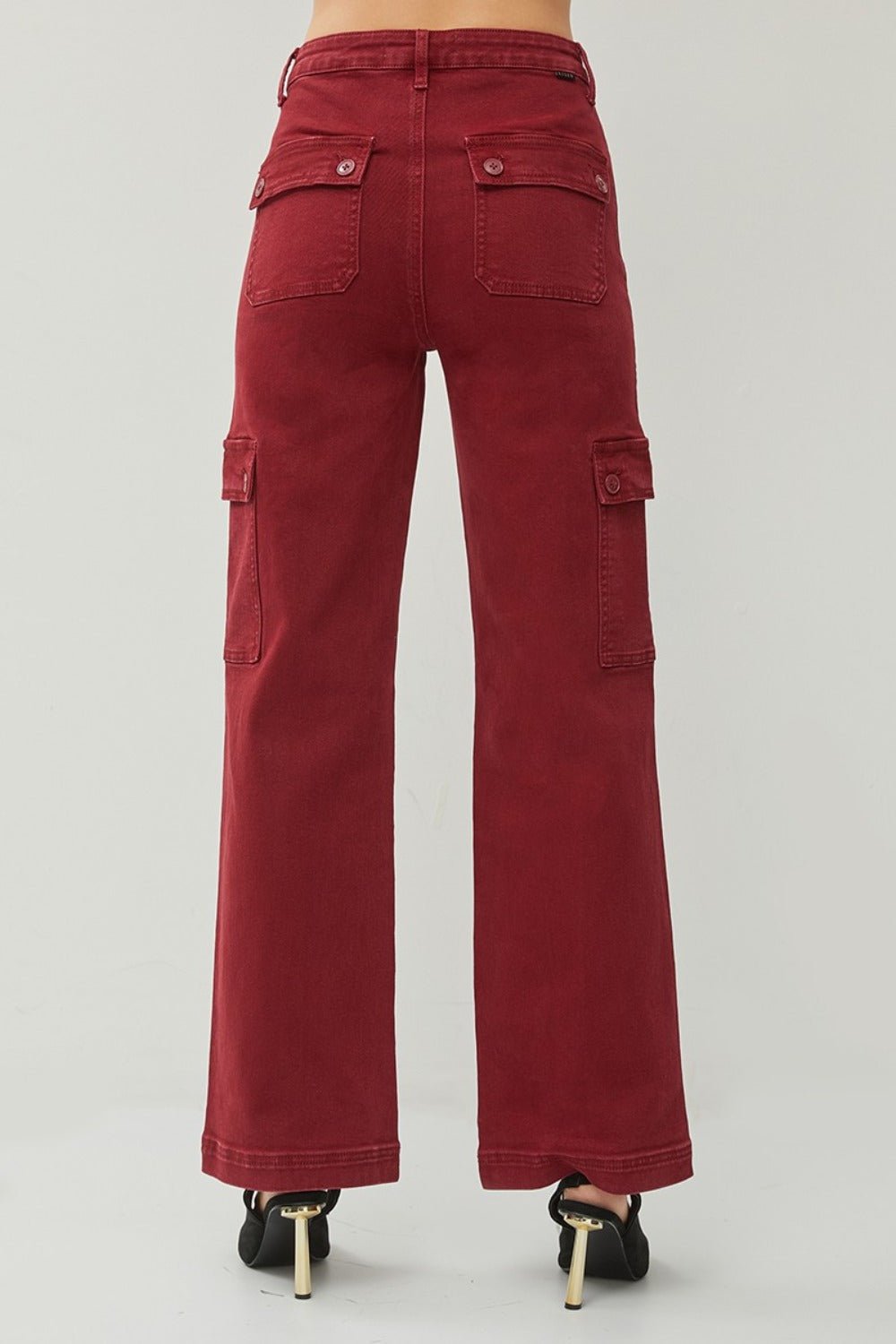 RISEN - High Rise Wide Leg Cargo Jeans in Wine