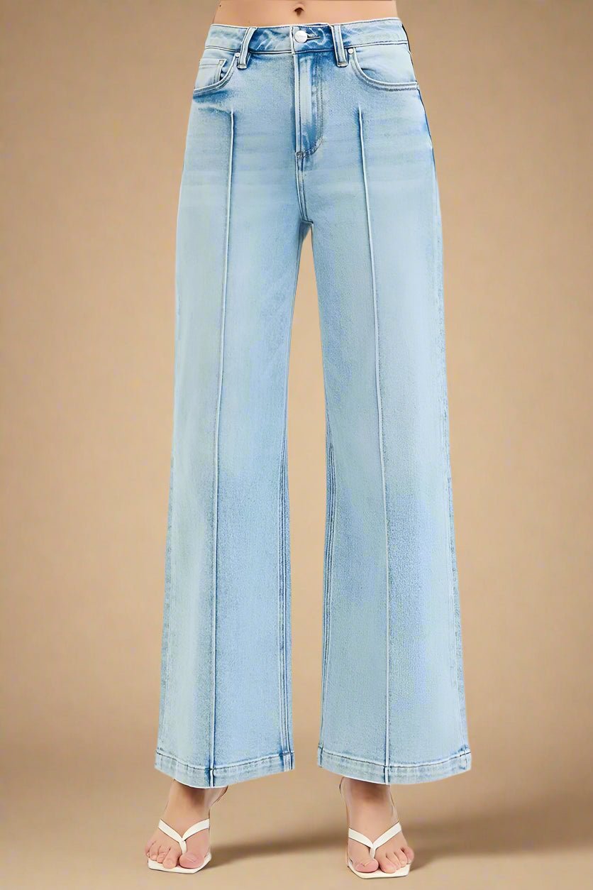 RISEN - High Rise Wide Leg Jeans – Light Wash with Front Seam Detail