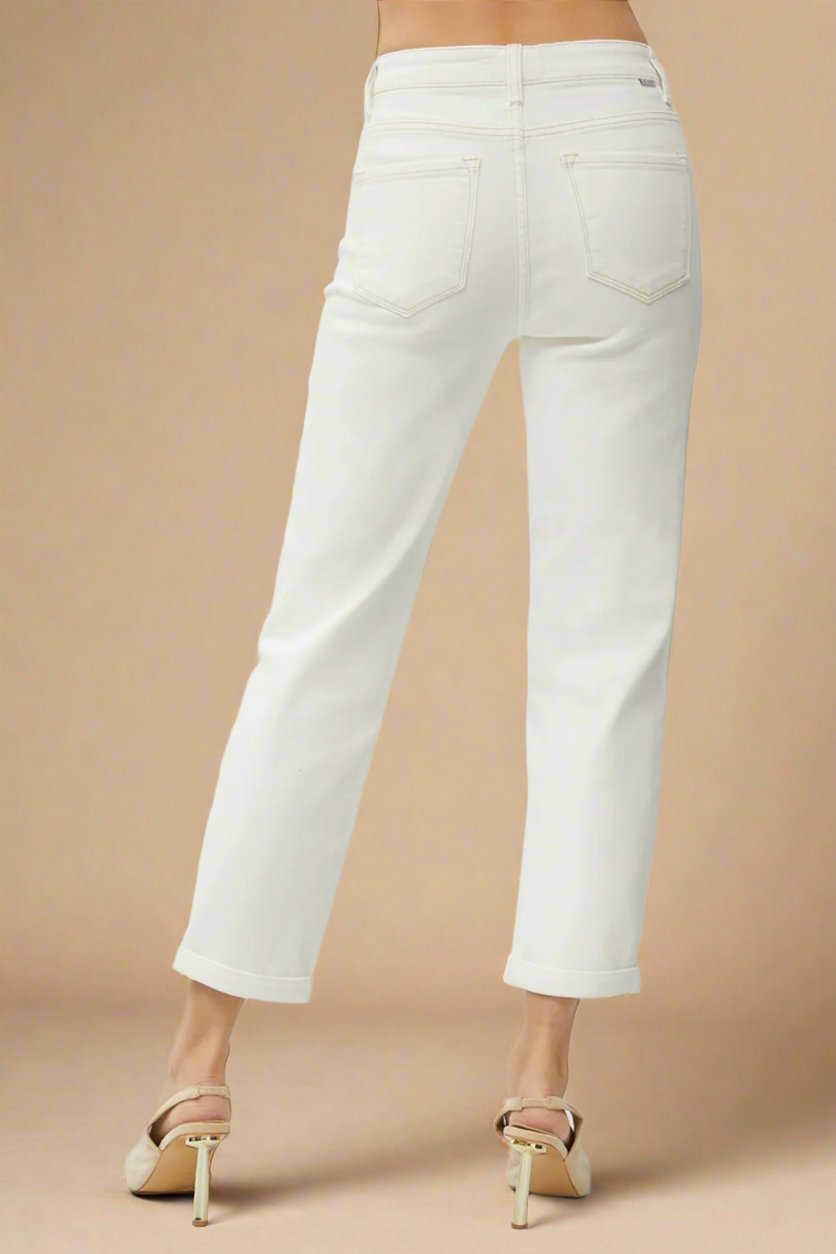 RISEN - High Waist Rolled Hem Straight Leg Jeans in Cream