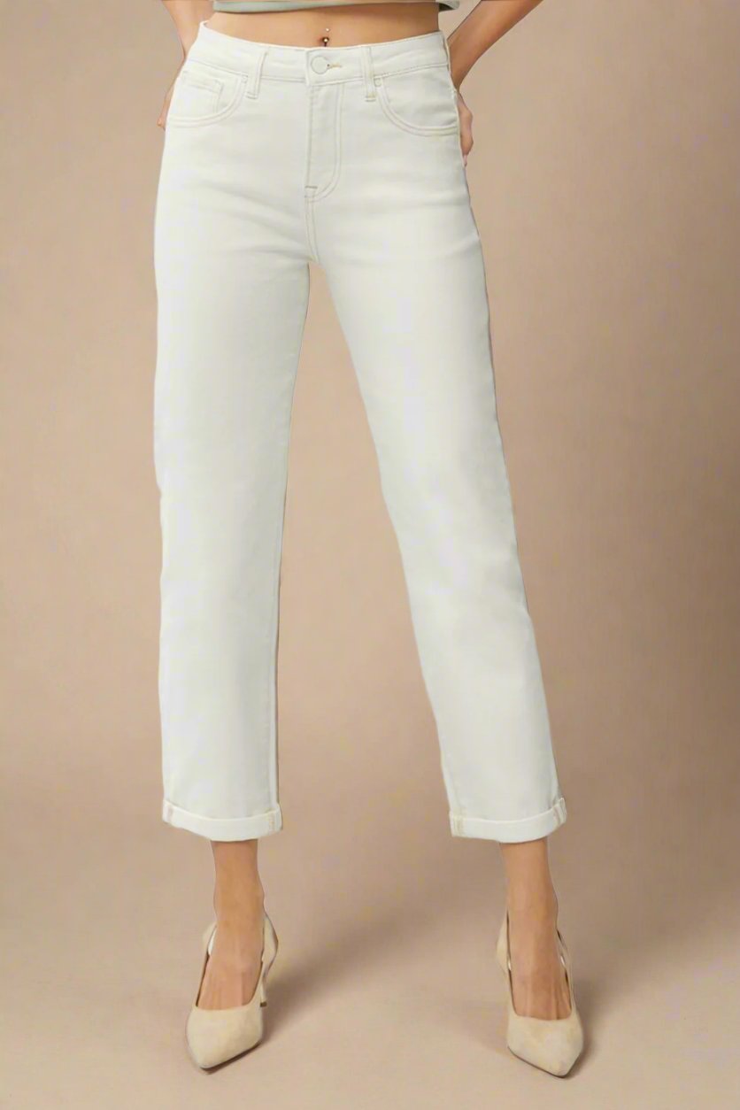 RISEN - High Waist Rolled Hem Straight Leg Jeans in Cream