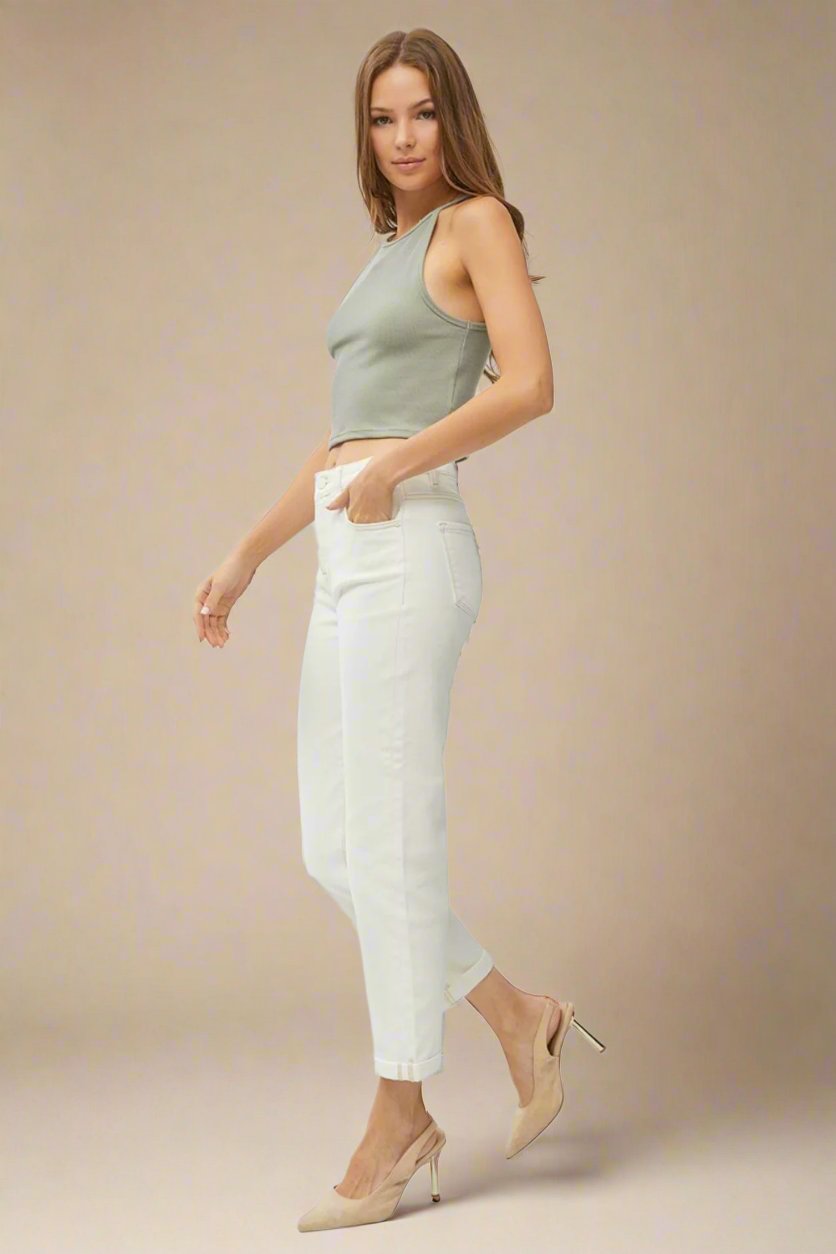 RISEN - High Waist Rolled Hem Straight Leg Jeans in Cream